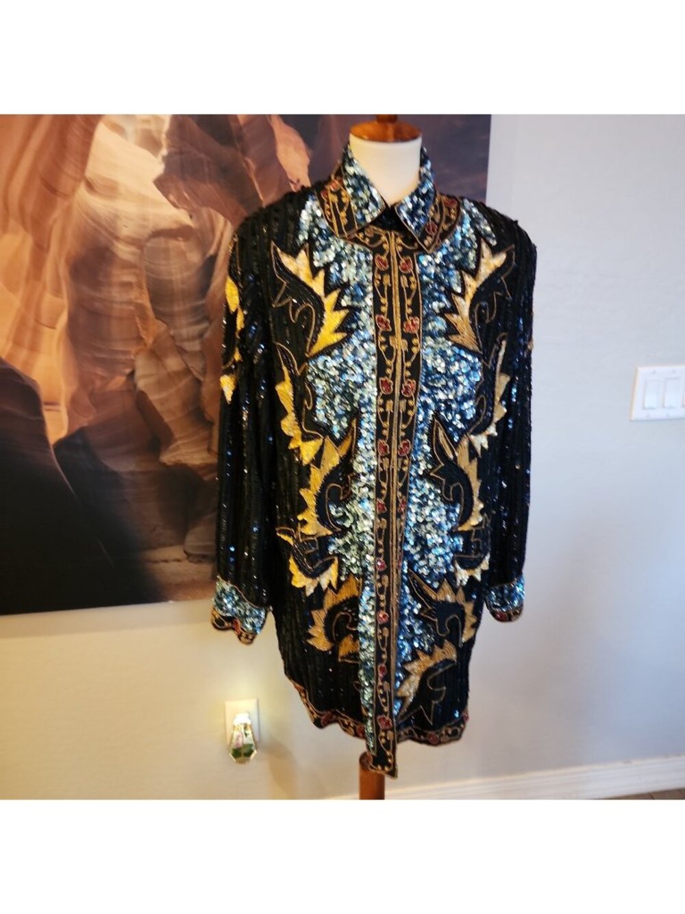 Vintage Anjumun Sequin Wearable Art India Black Women’s Blouse Shirt Oversized